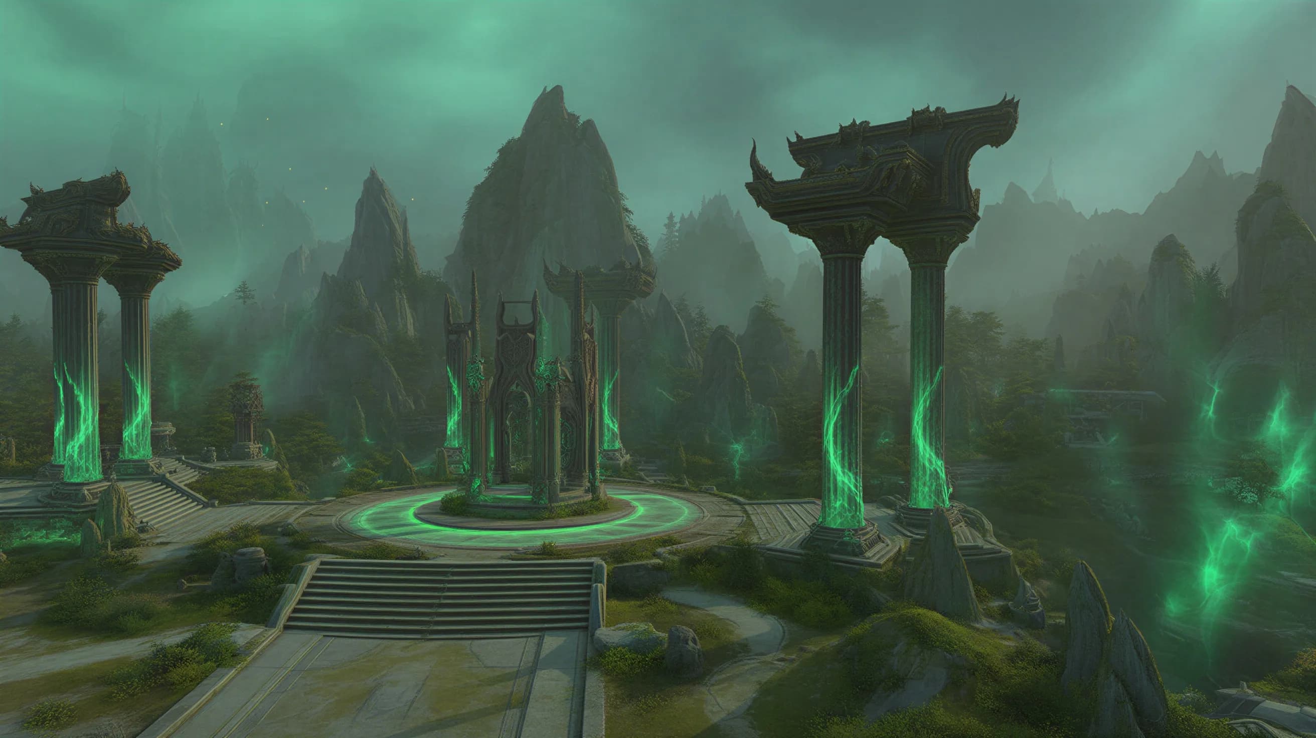 Mystical jade temple ruins with chi energy pillars